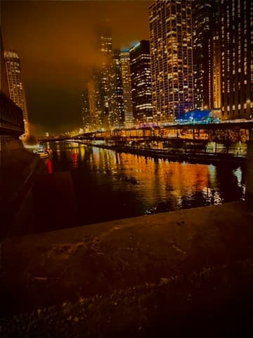 A picture of Chicago at night overseeing a river